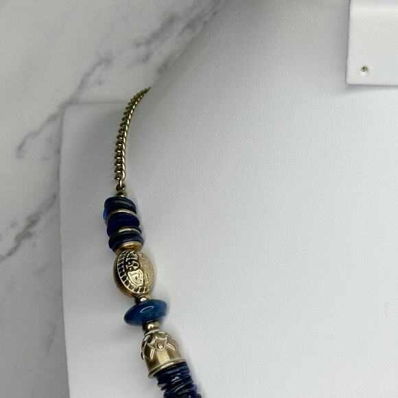 Chico's Chunky Blue Beaded Tassel Pendant Gold Tone Necklace ✨ - Picture 7 of 10